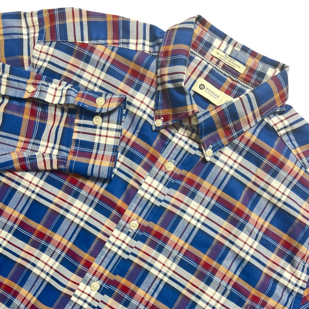 HAGGAR CLOTHING Regular Fit Mens Plaid Shirt Neck Size 17.5
